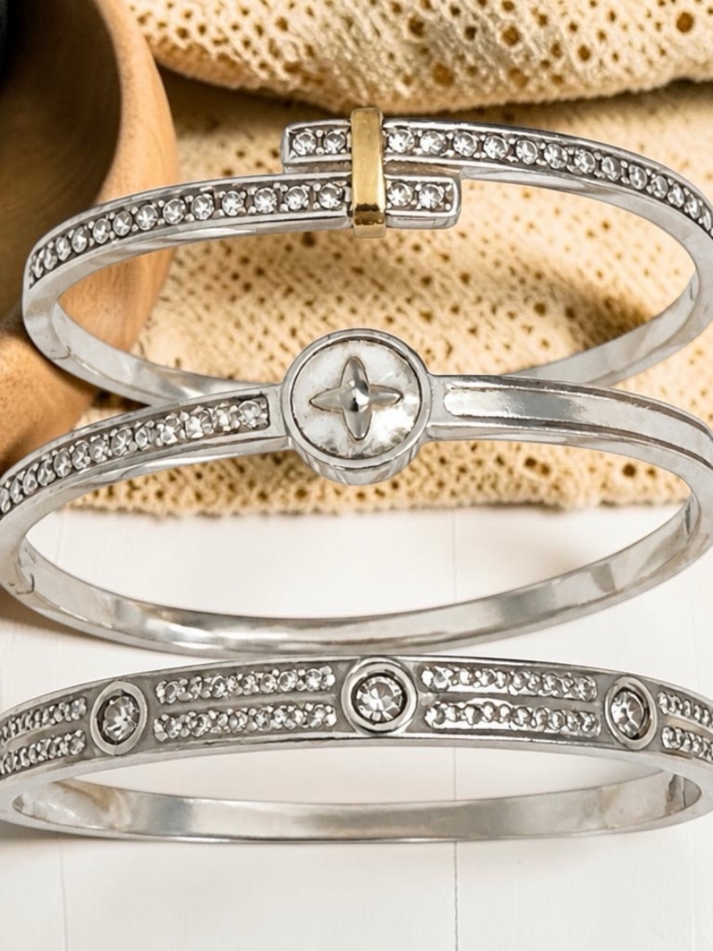 Silver Crystal Accent Bangle Bracelet - Women Jewelry Stainless Steel medium